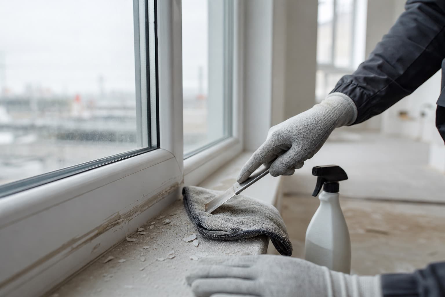 Îndepărtarea resturilor de vopsea de pe tâmplăria unui apartament nou