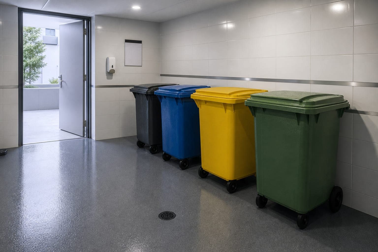 Camera de deșeuri după igienizare, cu pubele pe fracții