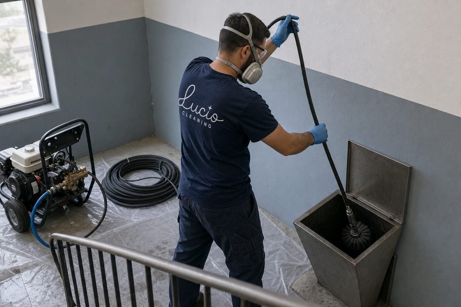 Pulverizarea substanței avizate în tubulatura ghenei, cu echipament de protecție