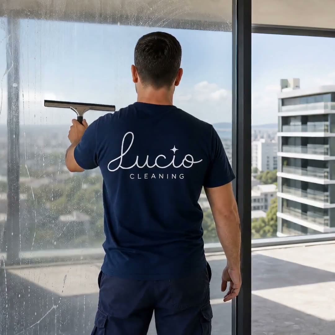 Tehnician Lucio curățând un vitraj într-un apartament nou