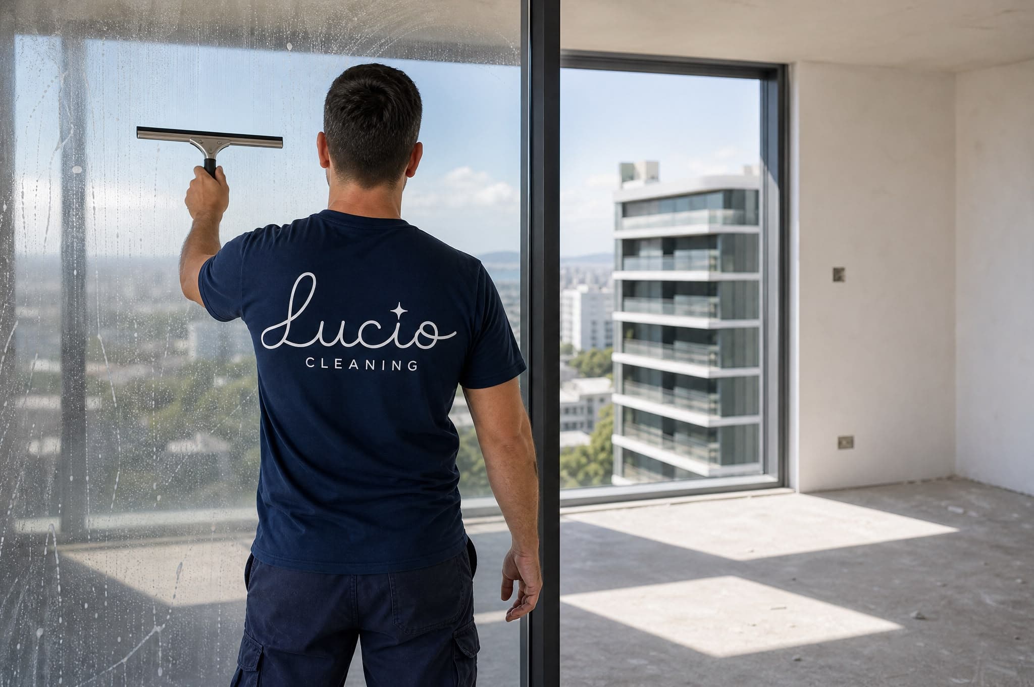 Tehnician Lucio curățând un vitraj într-un apartament nou