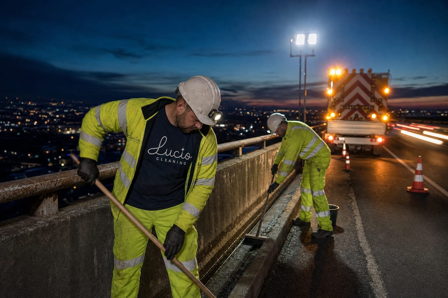 Intervenție de noapte pe un viaduct, cu semnalizare luminoasă