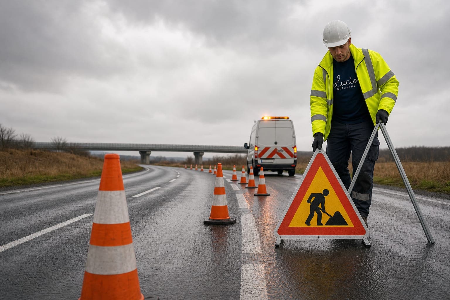 Semnalizare rutieră montată înainte de începerea lucrului în trafic