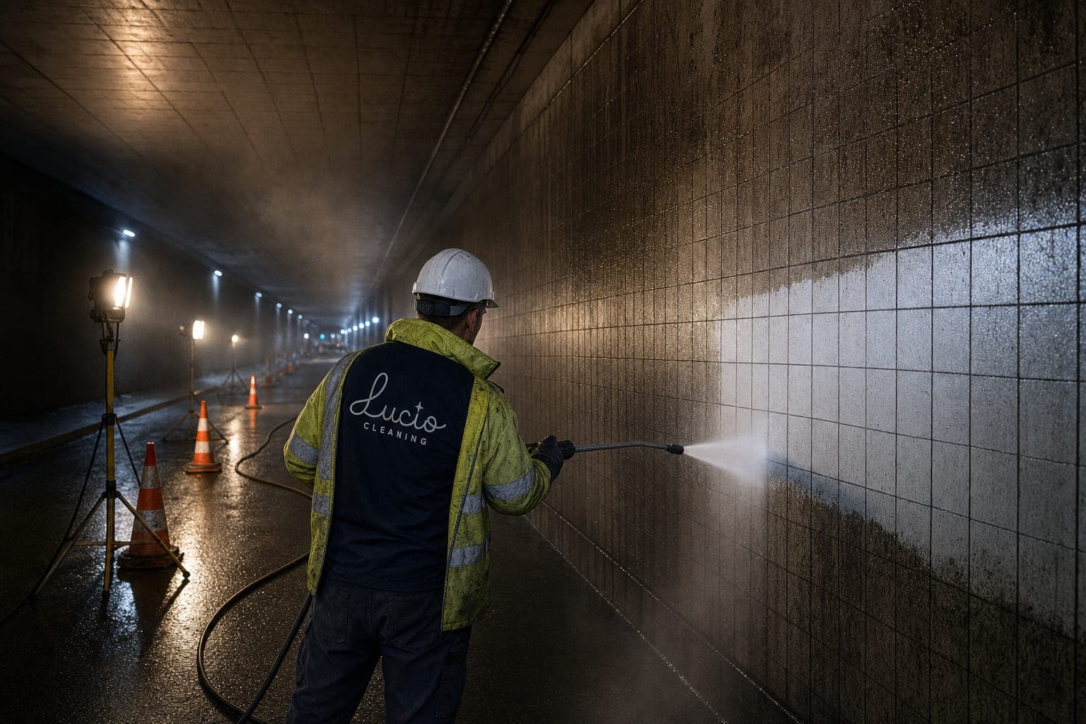 Spălarea pereților ceramici dintr-un tunel rutier, pe timp de noapte