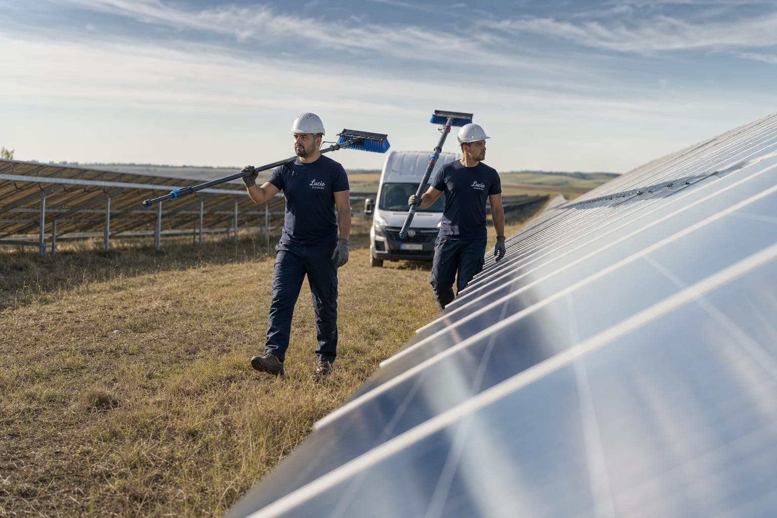 Echipa Lucio pornind spălarea unui rând de panouri într-un parc fotovoltaic
