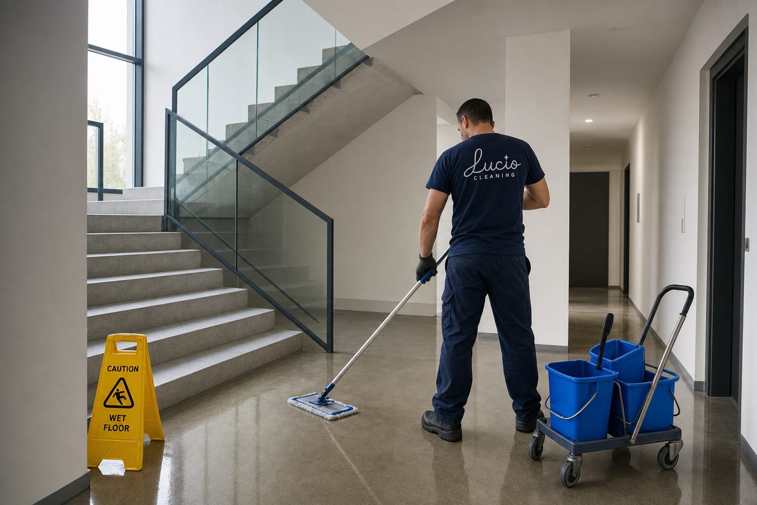 Spălarea scării interioare a unui duplex, cu semnalizare de pardoseală udă