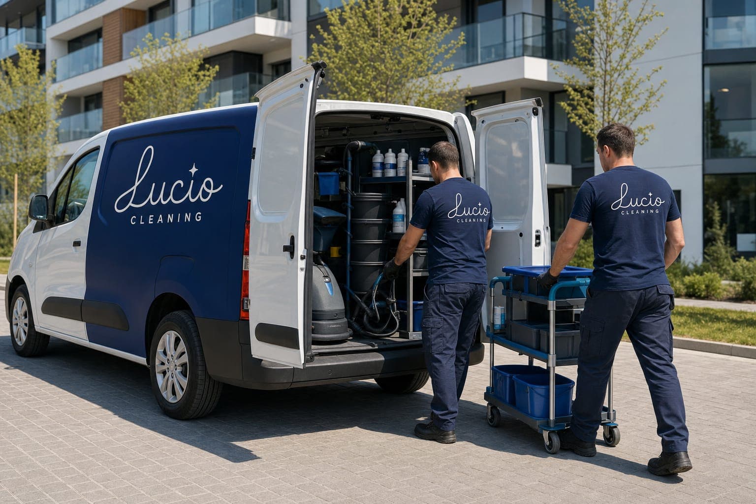 Echipa Lucio pregătindu-și materialele înainte de intrarea în clădire