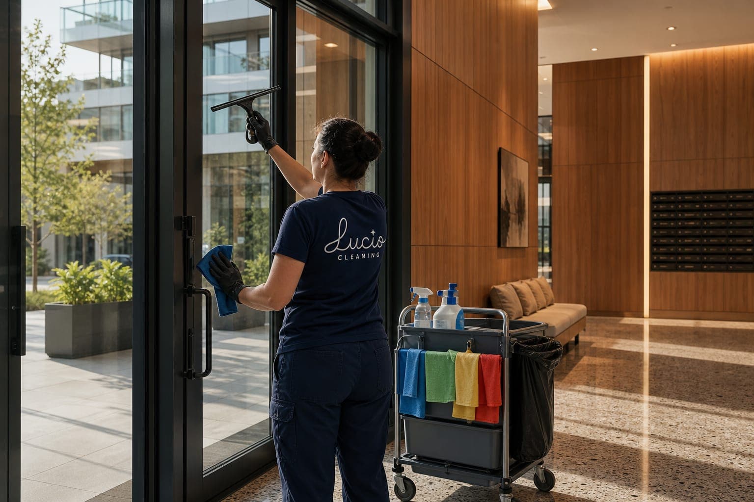 Curățenie în lobby-ul unei clădiri de birouri