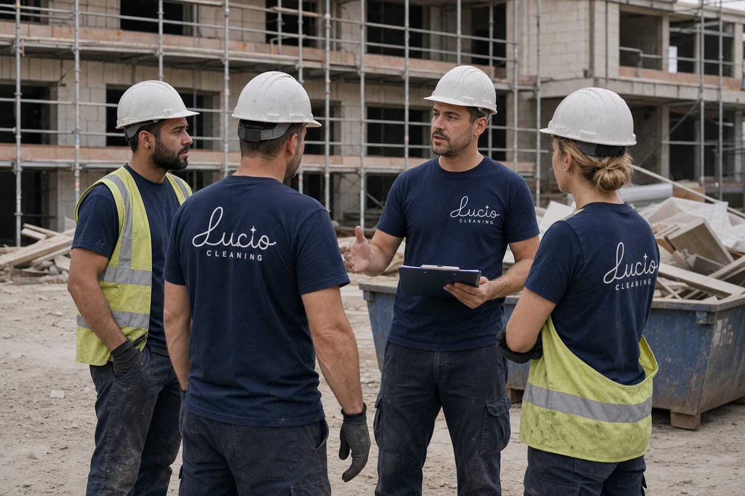 Briefingul de dimineață al echipei Lucio, cu constructorul, pe șantier