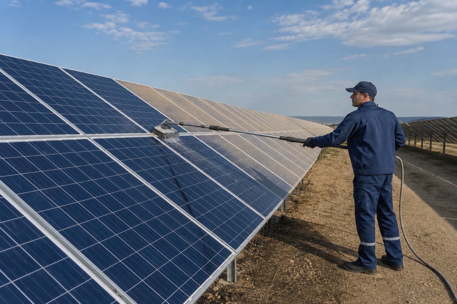 Spălarea panourilor fotovoltaice dintr-un parc solar